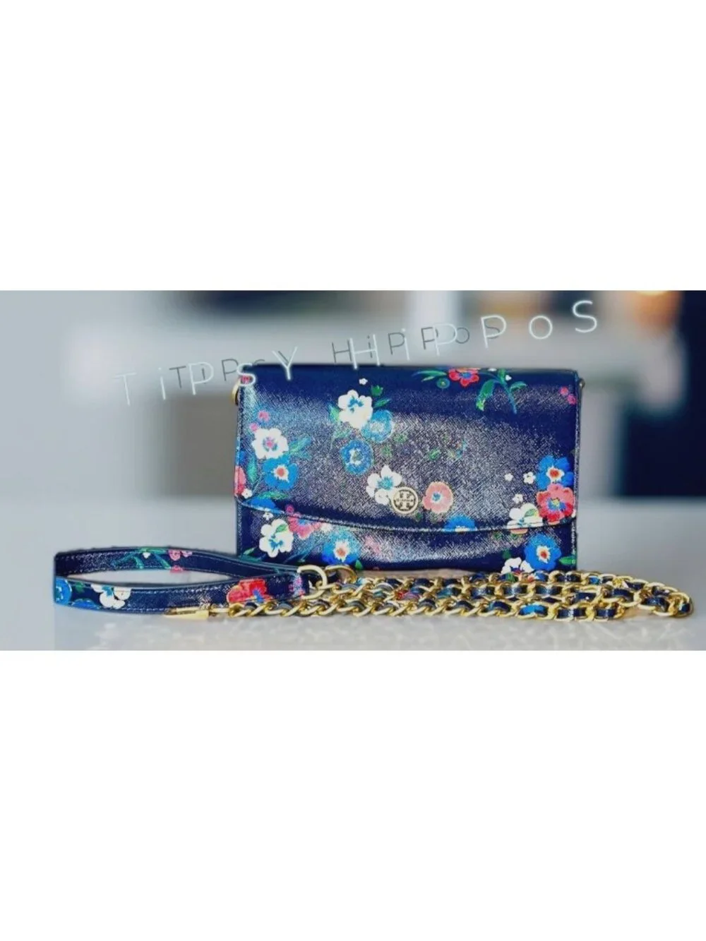 Adorable Tory Burch Dark Blue and Floral Robinon Shoulder Bag/Crossbody